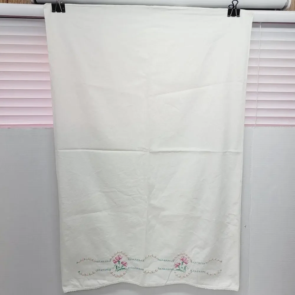 Vtg Hand Embroidered Pink Flower Floral Border Cotton Pillowcase Single Standard